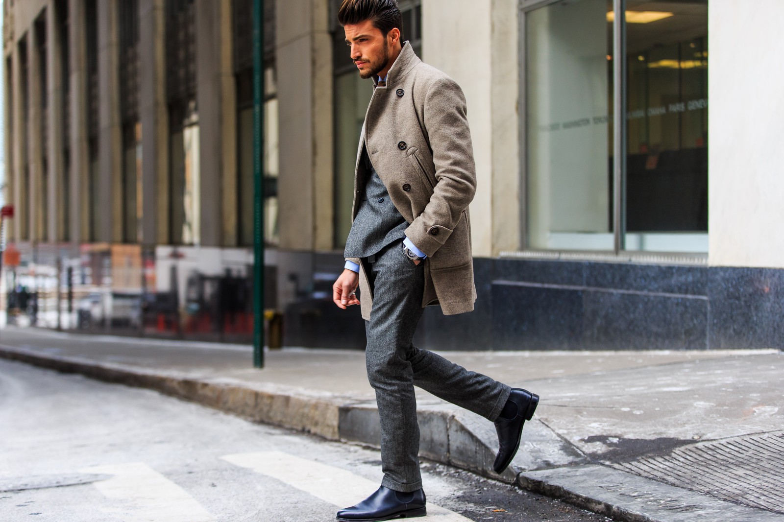 atmosphere details, AUTUMN WINTER 2015-2016, AW 15-16, Black ankle boots, blazer, FALL WINTER 2015-2016, fashion week, Flat boots, full length, FW, FW 15-16, grey jacket, grey pants, grey trousers, horizontal, man, mariano di vaio, NEW YORK, NYFW, street style, suit, total look, wool coat, wool pants, wool trousers