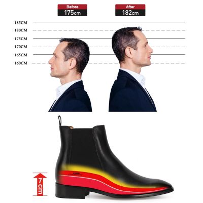 CMR CHAMARIPA 增高切爾西靴 黑色真皮男士高幫鞋 男士高跟靴 7公分/2.76英寸