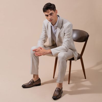 增高鞋男－卡其色手工牛皮樂福鞋 內增高7cm